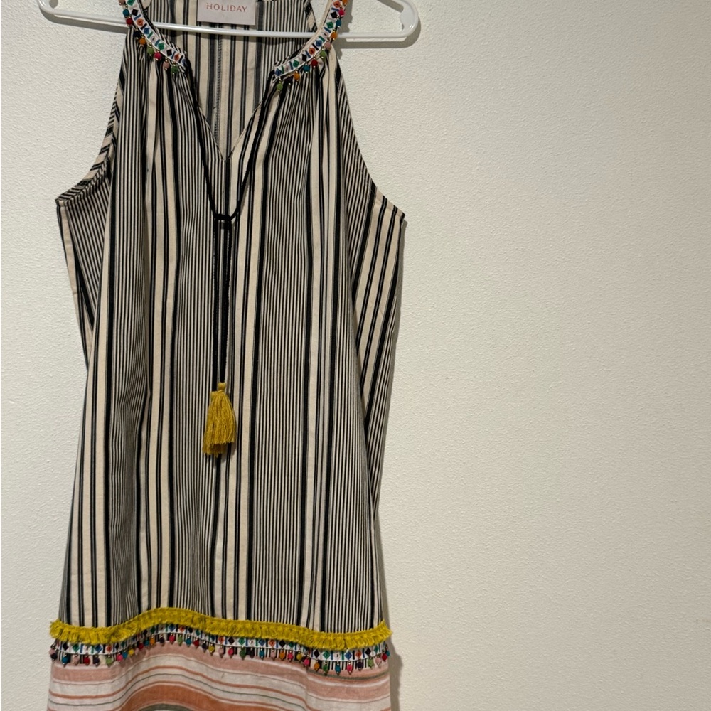 Striped Sleeveless Linen Dress with Colorful Tassels by HOLIDAY
